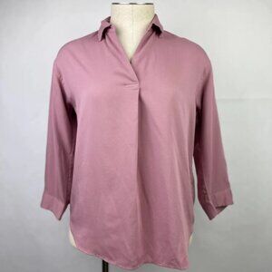 Uniqlo Womens Pink Shirt Blouse Size XXS 3/4 Sleeve Rayon Mauve V-Neck Top